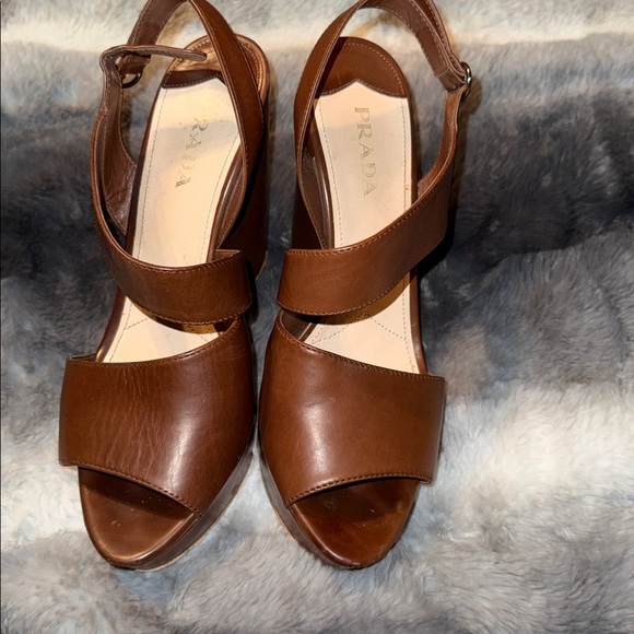 Prada Women's Brown Leather Wedge Sandals w/ Prada Box - Picture 12 of 12